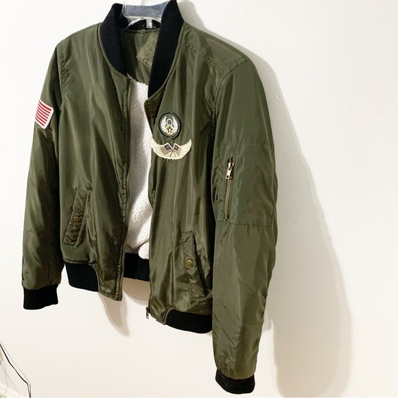 Jou Jou Military Like Aviator Front Zip Bomber Jacket Faux Sherpa Lining Patches - Picture 2 of 15